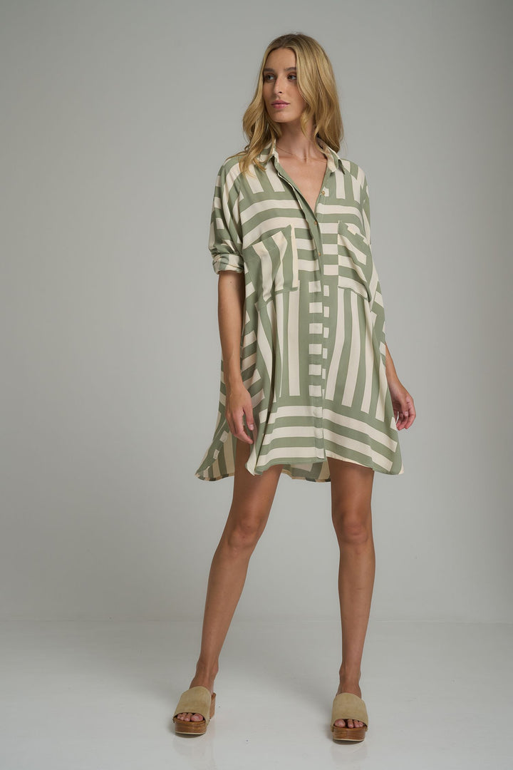 Dali Shirt Dress - Oxford Block Pesto/Cashmere