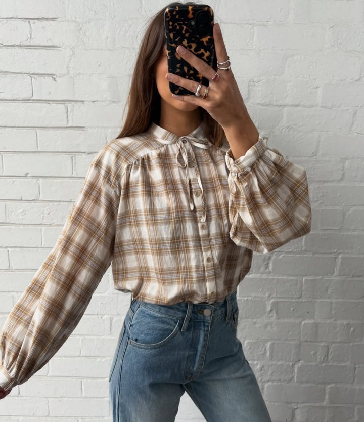 Cora long Sleeve Blouse - Fawn Plaid