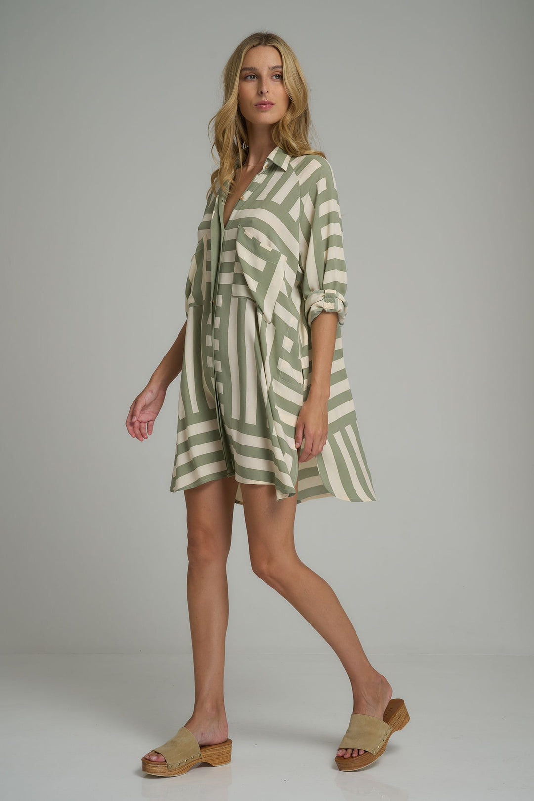 Dali Shirt Dress - Oxford Block Pesto/Cashmere