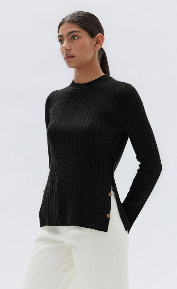 Adria Wool Cashmere Knit Long Sleeve Top - Black
