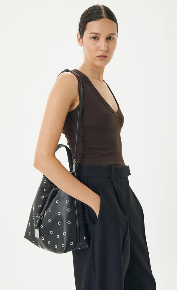 Josie Eyelet Bucket Bag - Black