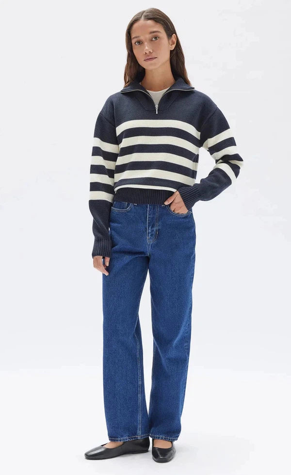 Parisienne Quarter Zip Cotton Jumper - True Navy/Antique White