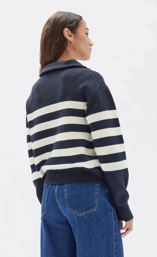 Parisienne Quarter Zip Cotton Jumper - True Navy/Antique White