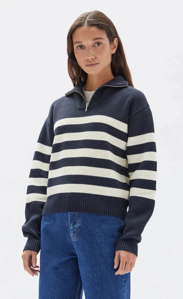 Parisienne Quarter Zip Cotton Jumper - True Navy/Antique White