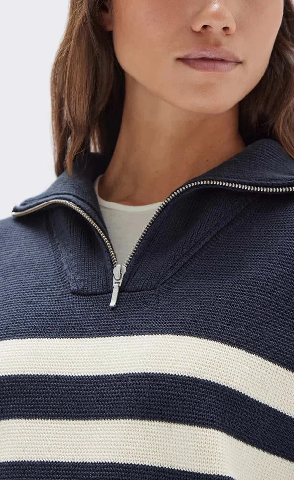 Parisienne Quarter Zip Cotton Jumper - True Navy/Antique White
