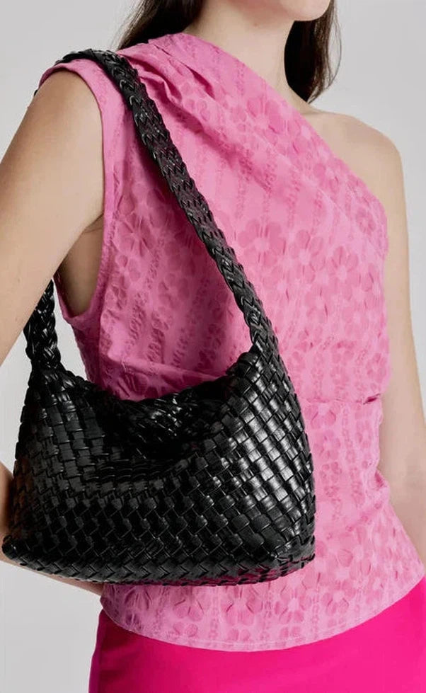 Luca Woven Shoulder Bag - Black Glossy Crinkle