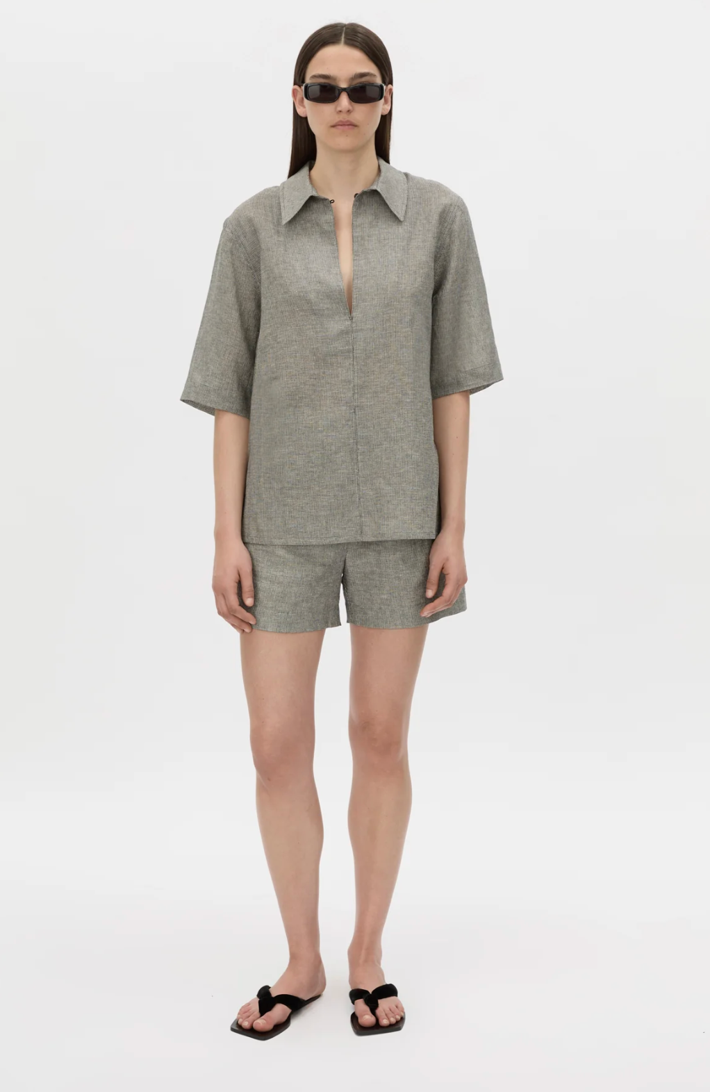 Phostre Stripe Linen Collared Top