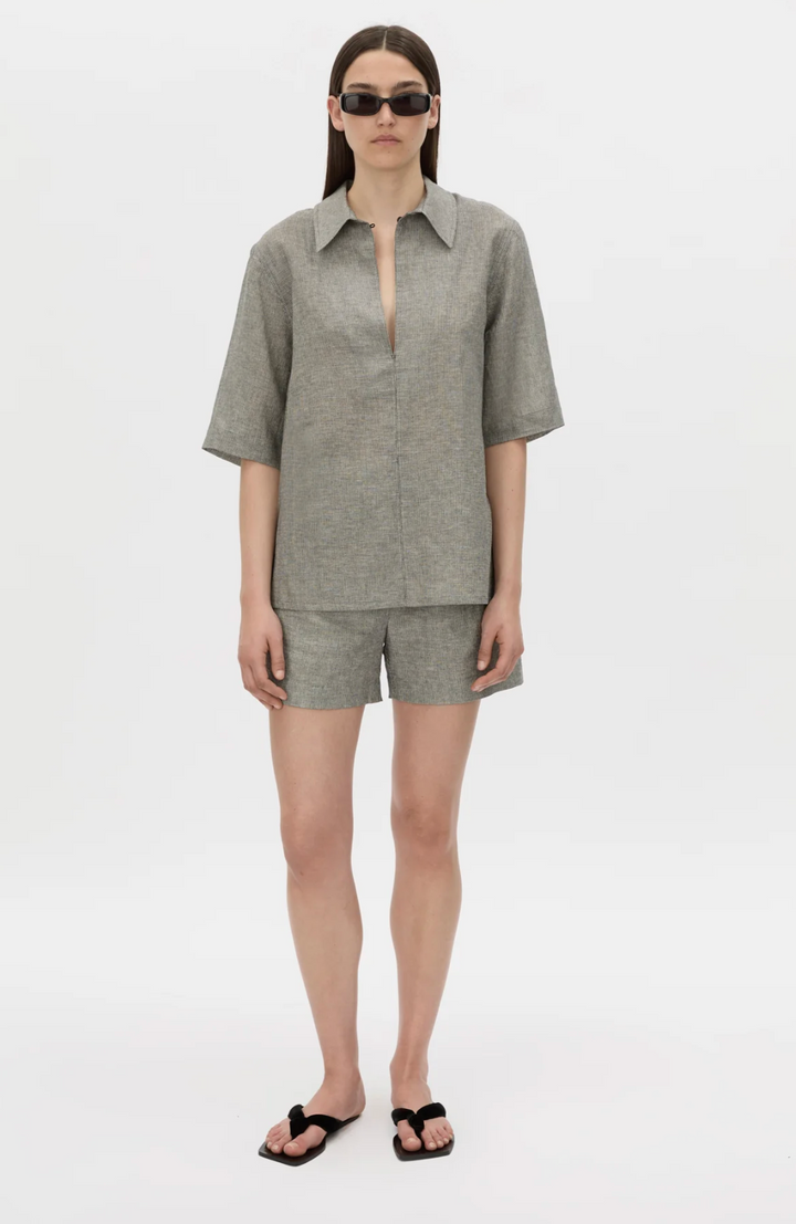 Phostre Stripe Linen Collared Top