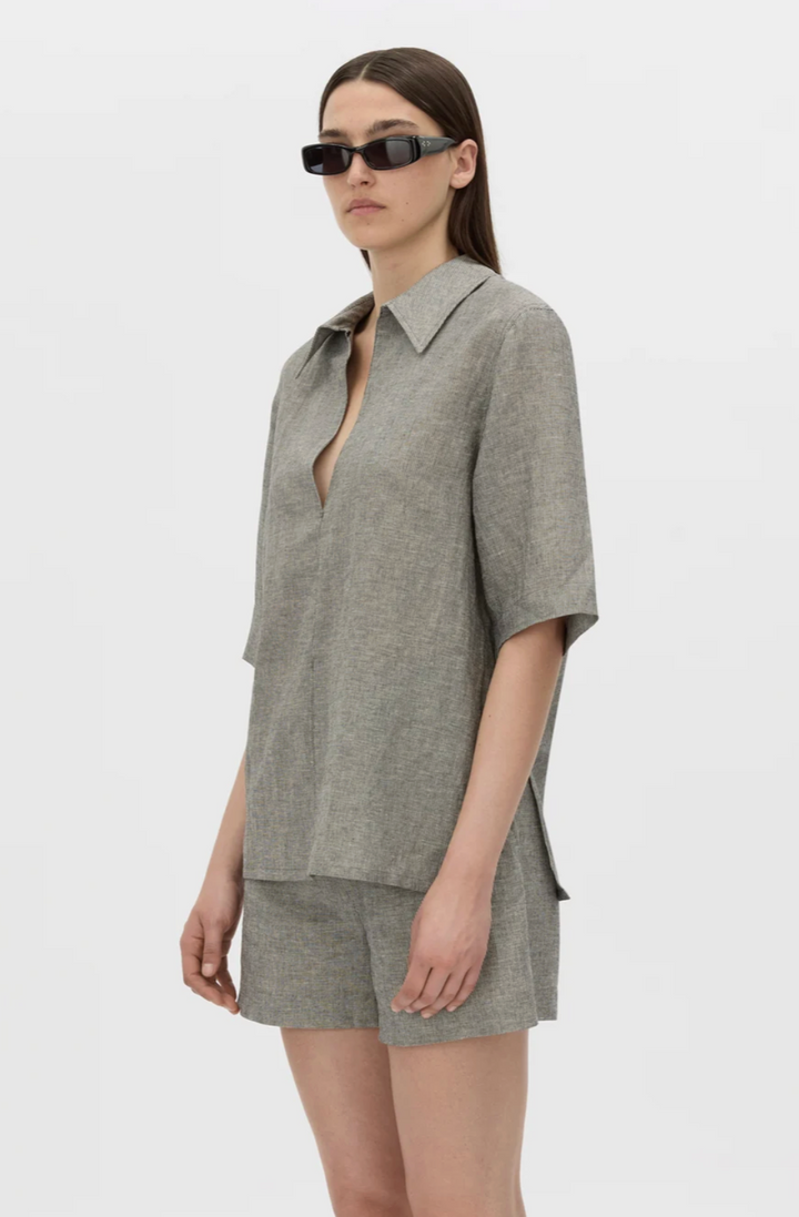 Phostre Stripe Linen Collared Top