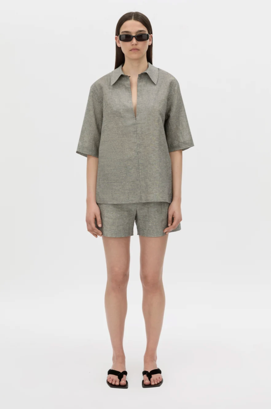 Phostre Stripe Linen Collared Top