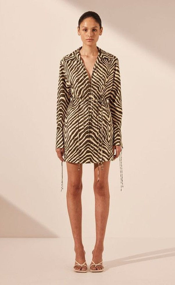 Sana Silk Shirt Tie Mini Dress - Bone/Choc