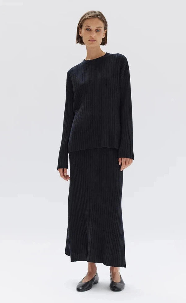 Wool Cashmere Rib Long Sleeve Top - Black