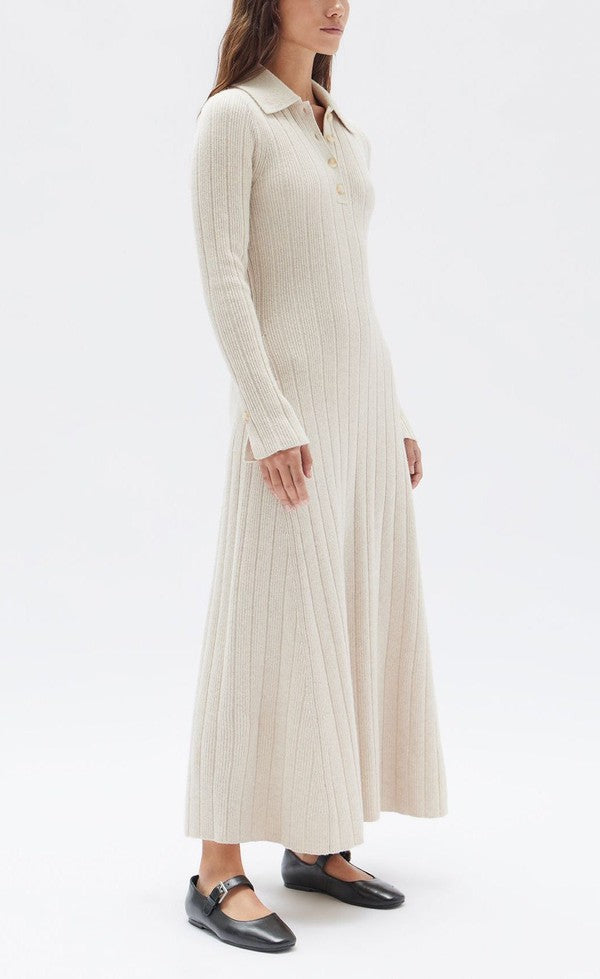 Astrae Wool Rib Maxi Long Sleeve Dress - Oat Marle