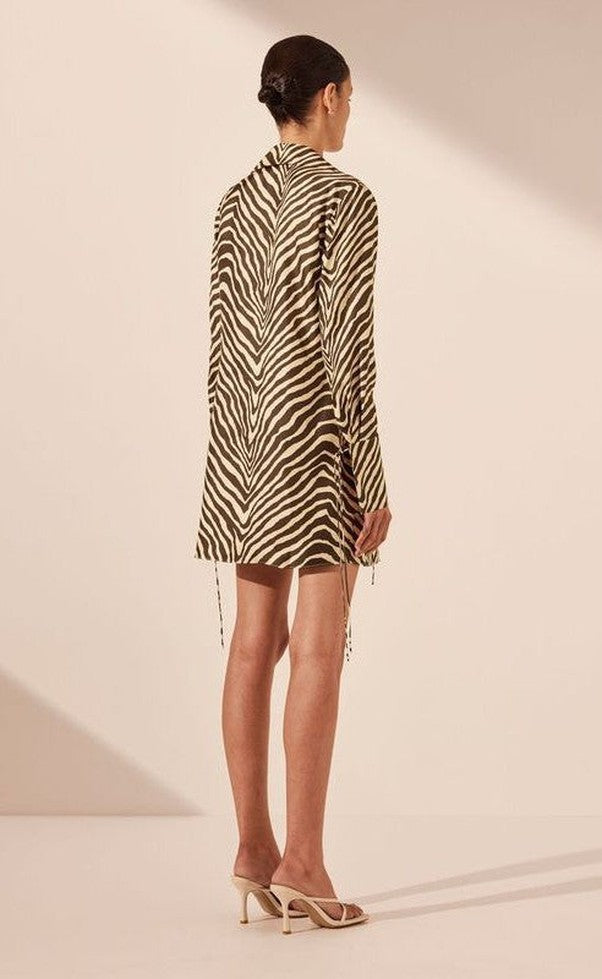 Sana Silk Shirt Tie Mini Dress - Bone/Choc