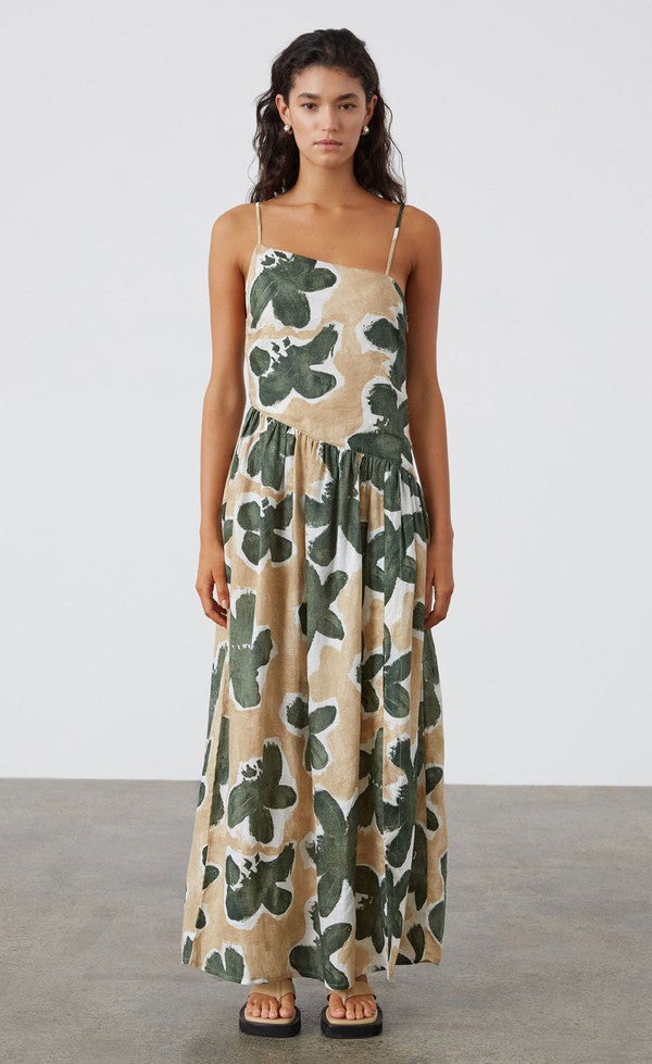 Flower Linen Dress - Eucalyptus