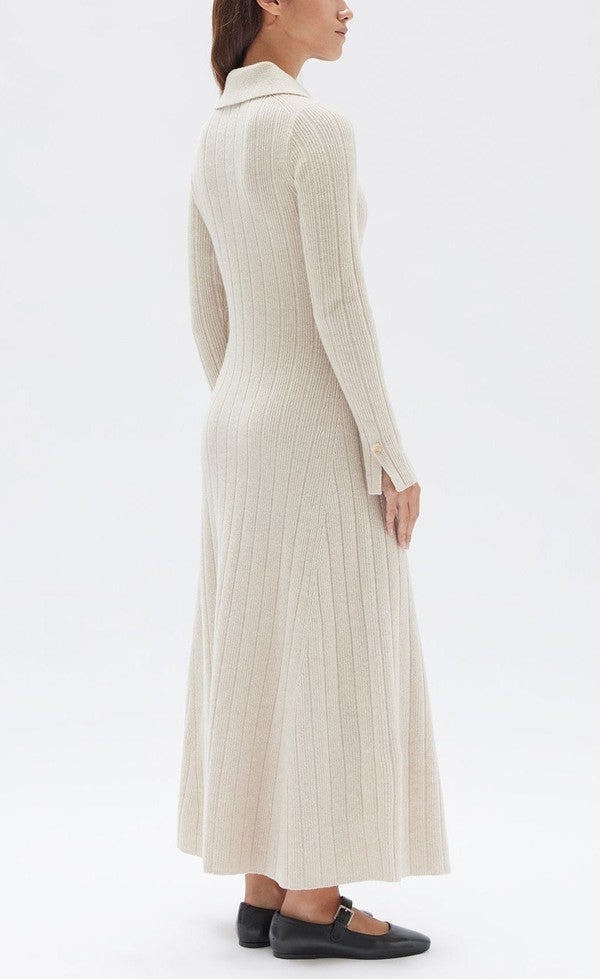 Astrae Wool Rib Maxi Long Sleeve Dress - Oat Marle