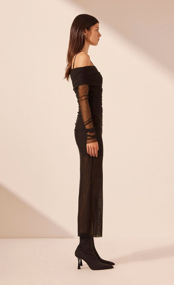 Mira Long Sleeve Off Shoulder Midi Dress - Black