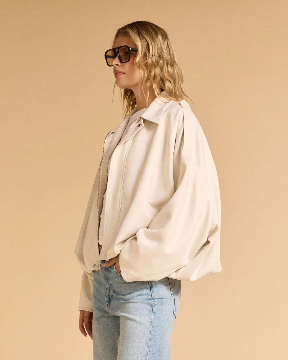 Faux Suede Bomber Jacket Stone