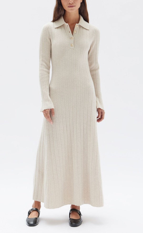 Astrae Wool Rib Maxi Long Sleeve Dress - Oat Marle